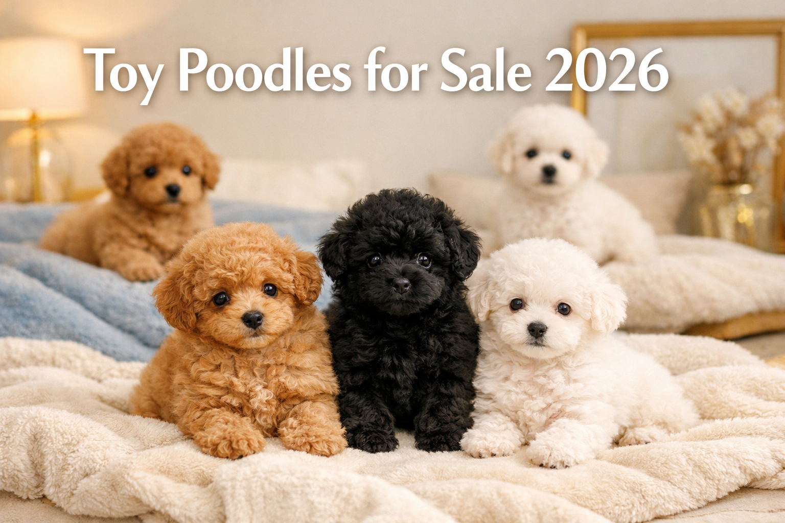 Professional landscape hero image (1536x1024) featuring adorable toy poodle puppies in a clean, bright setting with bold text overlay 'Toy P