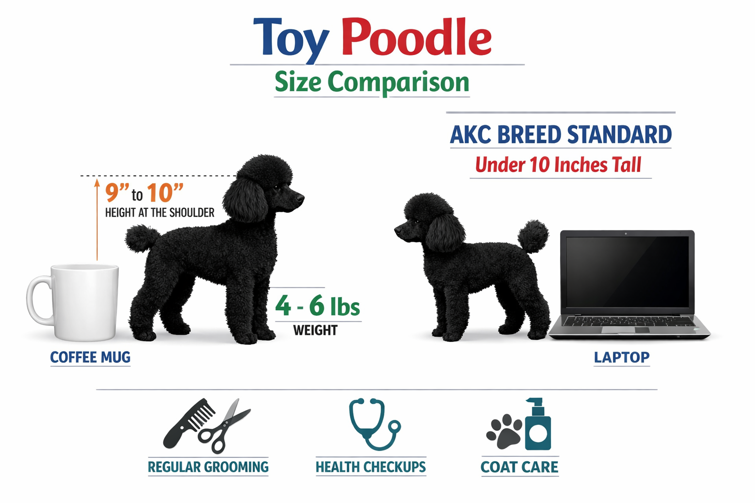 Detailed infographic showing toy poodle size comparison chart with adult toy poodle silhouettes next to common household objects (coffee mug