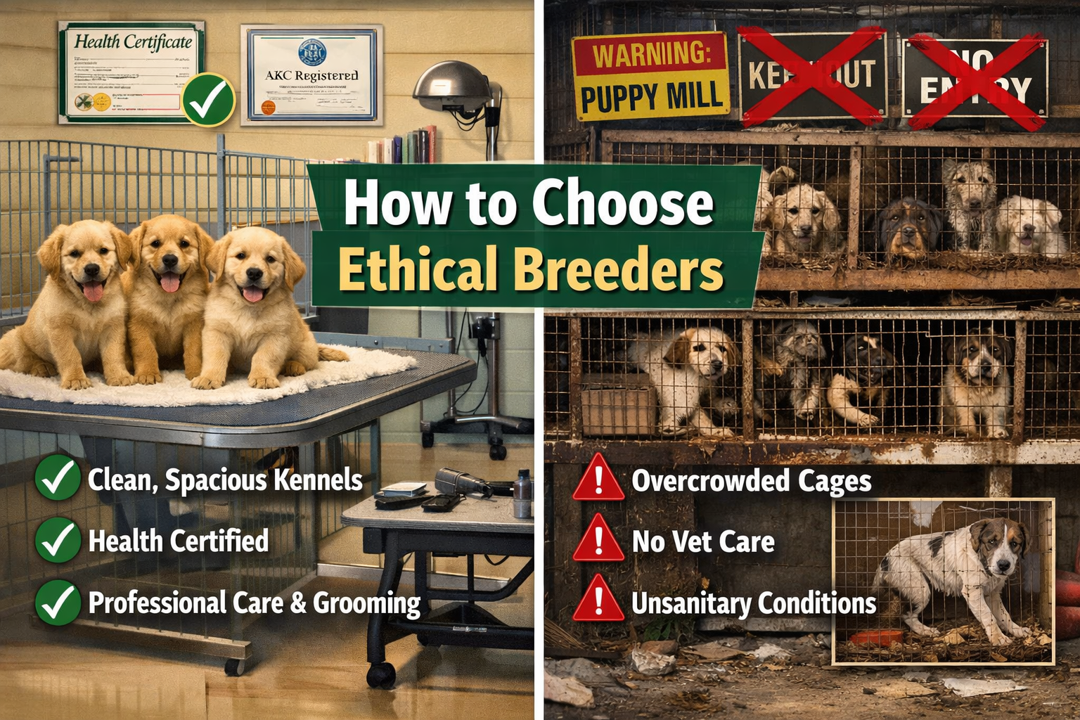 Split-screen comparison image showing reputable vs questionable breeder facilities. Left side: clean, spacious kennel with health certificat