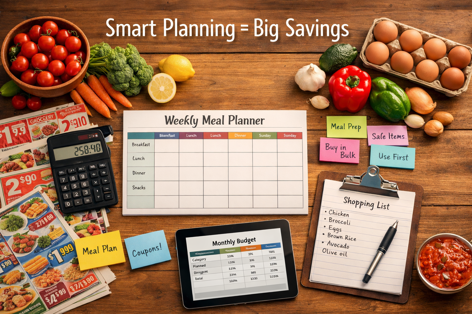 Detailed landscape image (1536x1024) showing organized meal planning workspace with weekly meal planner template, calculator, grocery store 
