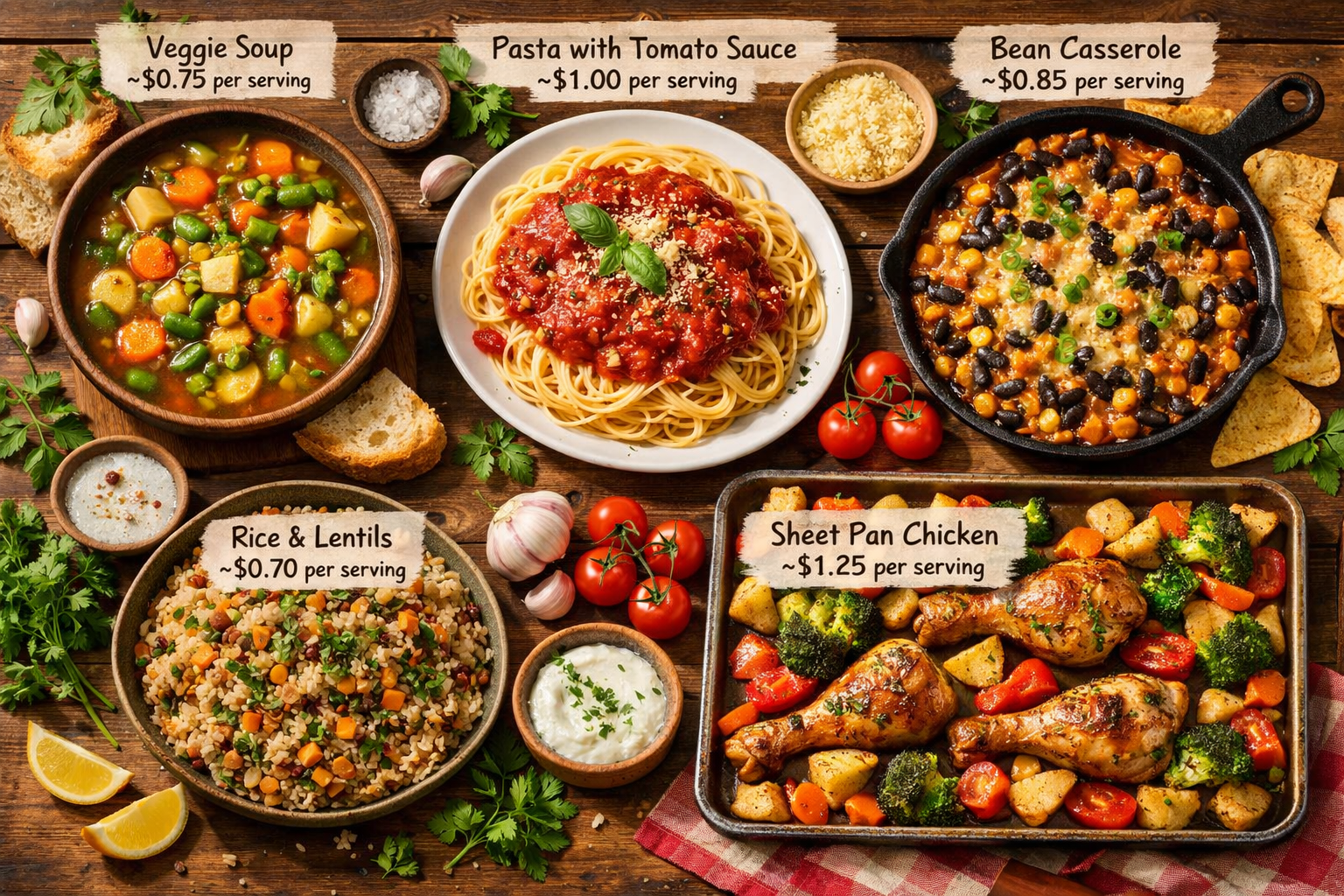 Vibrant landscape image (1536x1024) displaying five different budget-friendly family meals arranged in sections: hearty vegetable soup in ru