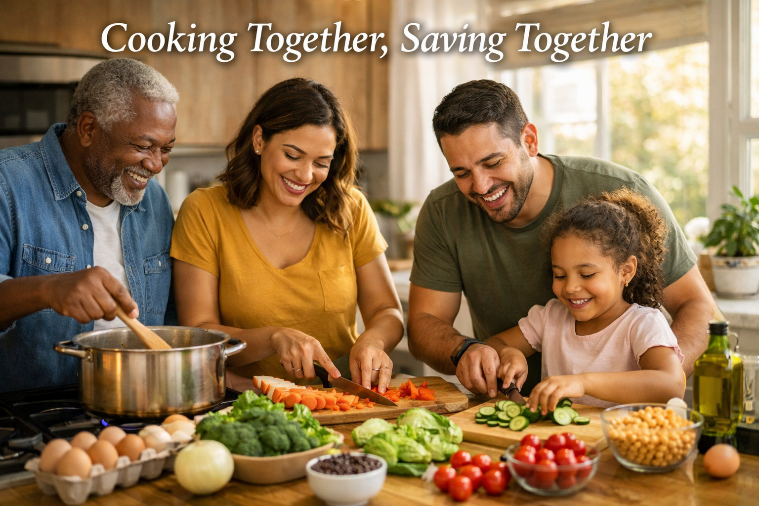 Inspiring landscape image (1536x1024) showing diverse family of four cooking together in bright modern kitchen, multigenerational with grand