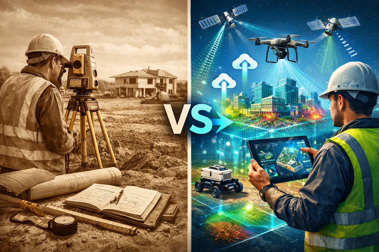 Landscape format (1536x1024) split-composition image showing traditional surveying methods versus modern GIS integration workflows. Left sid