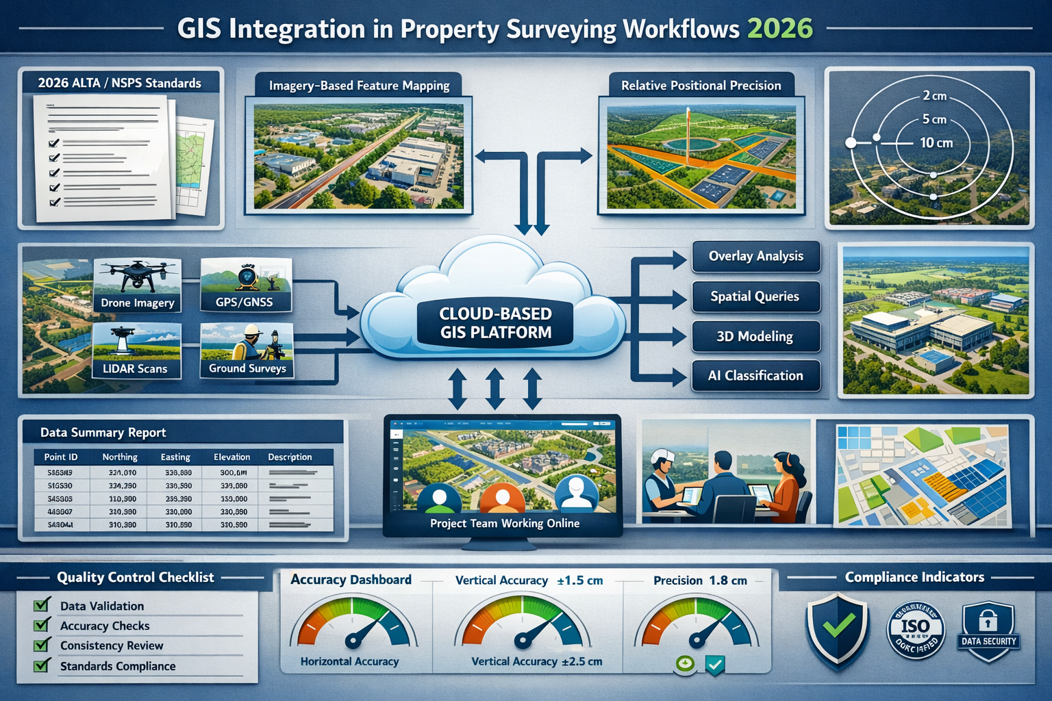 Landscape format (1536x1024) detailed infographic-style illustration demonstrating best practices for GIS integration in property surveying
