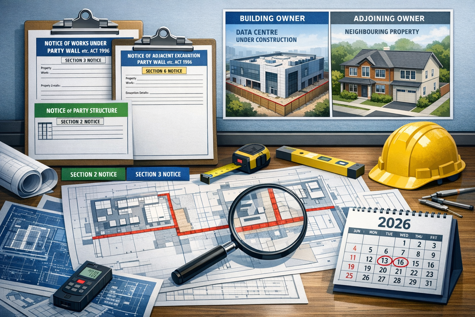 Detailed landscape format (1536x1024) illustration showing party wall notice documentation process for data centre construction, featuring o