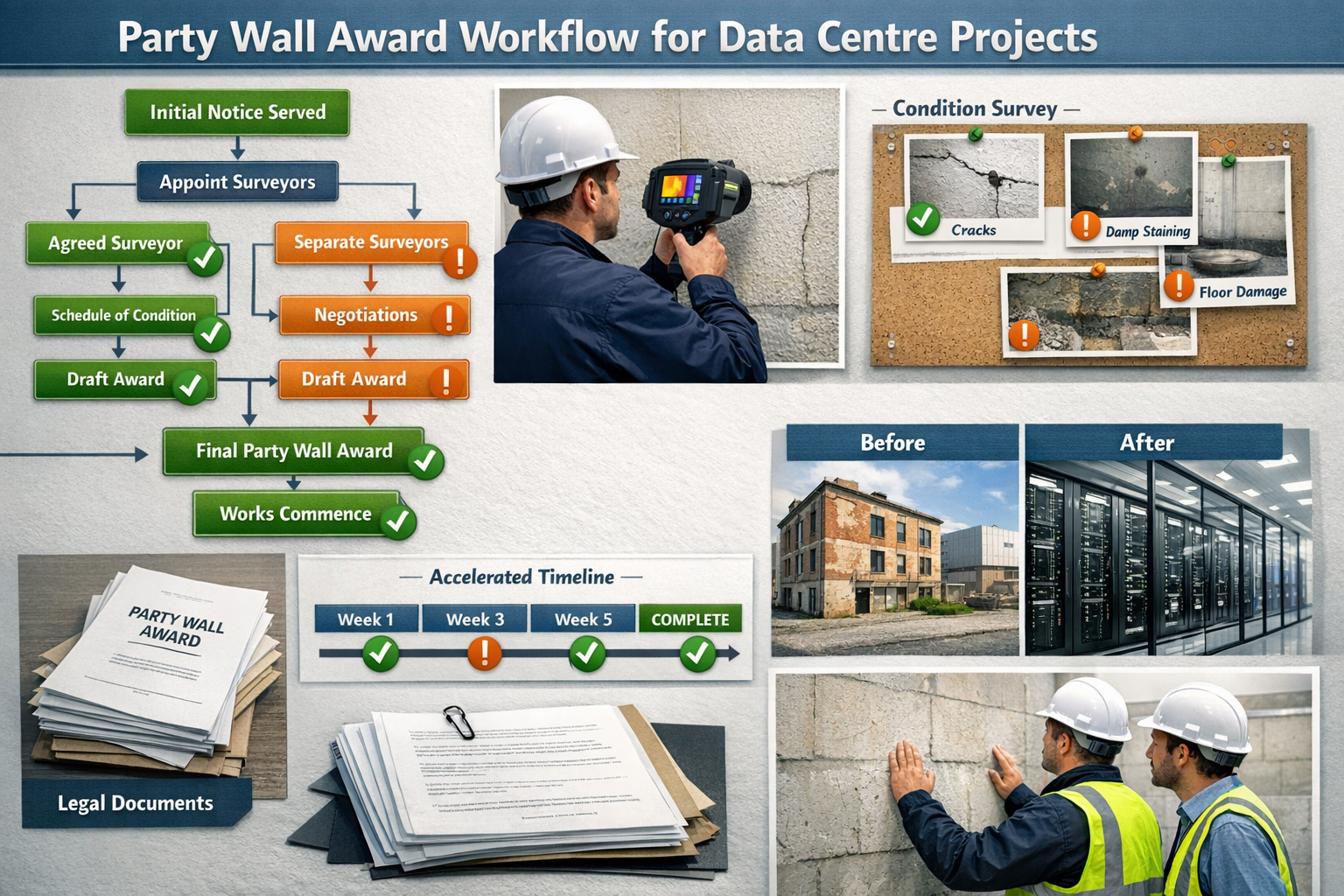Comprehensive landscape format (1536x1024) infographic displaying party wall award workflow for data centre projects, showing flowchart from