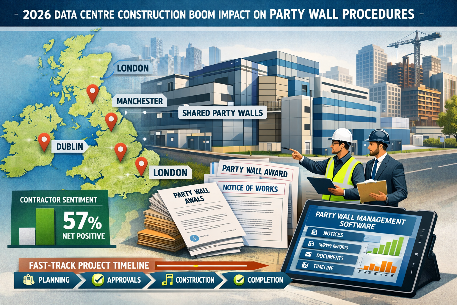 Detailed landscape format (1536x1024) visual representation of 2026 data centre construction boom impact on party wall procedures, featuring