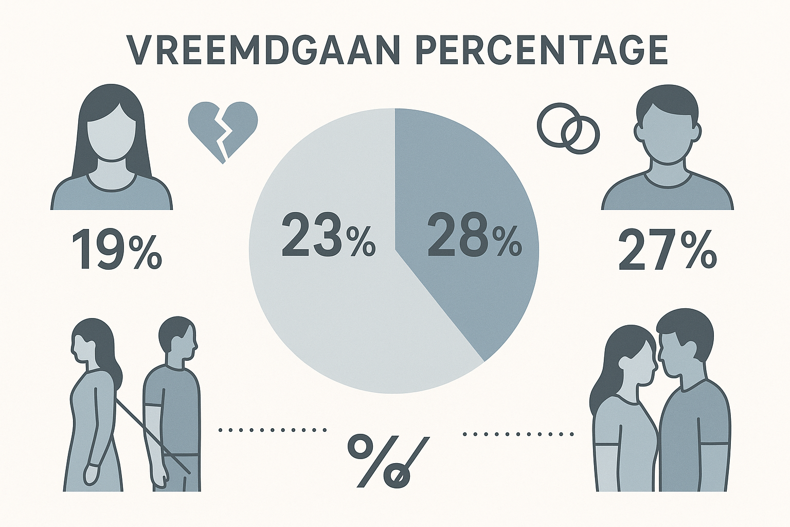 Infographic-style key takeaways visual representing 'Vreemdgaan Percentage' statistics, featuring minimalist geometric icons depicting relat