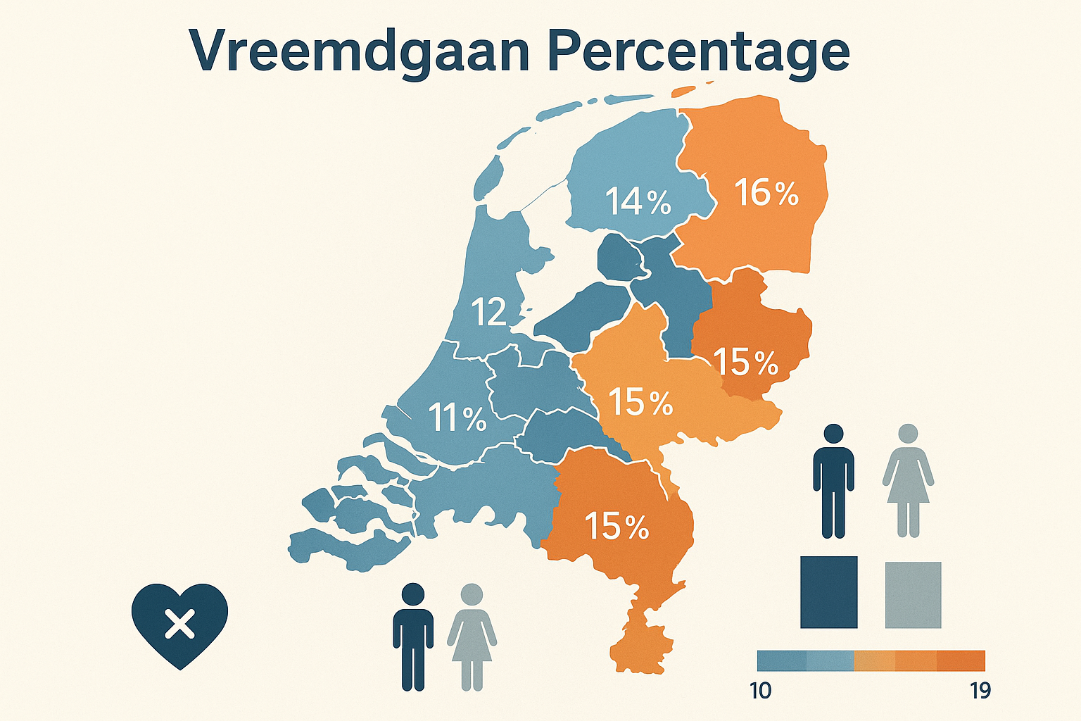 Statistical data visualization map of Netherlands showing regional 'Vreemdgaan Percentage' variations, using heat map color gradients from c