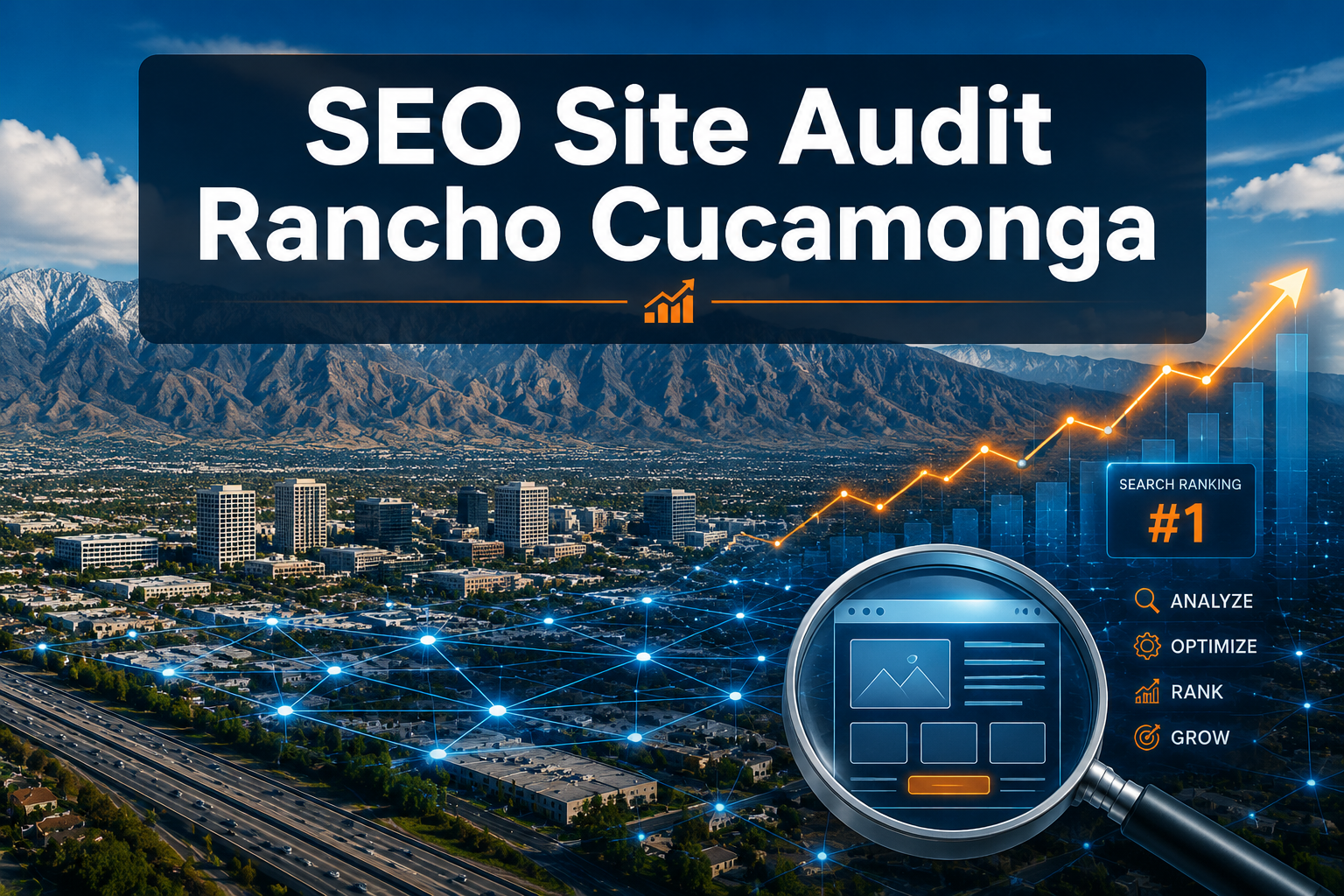 Professional () hero image featuring 'SEO Site Audit Rancho Cucamonga' in extra large white with dark semi-transparent