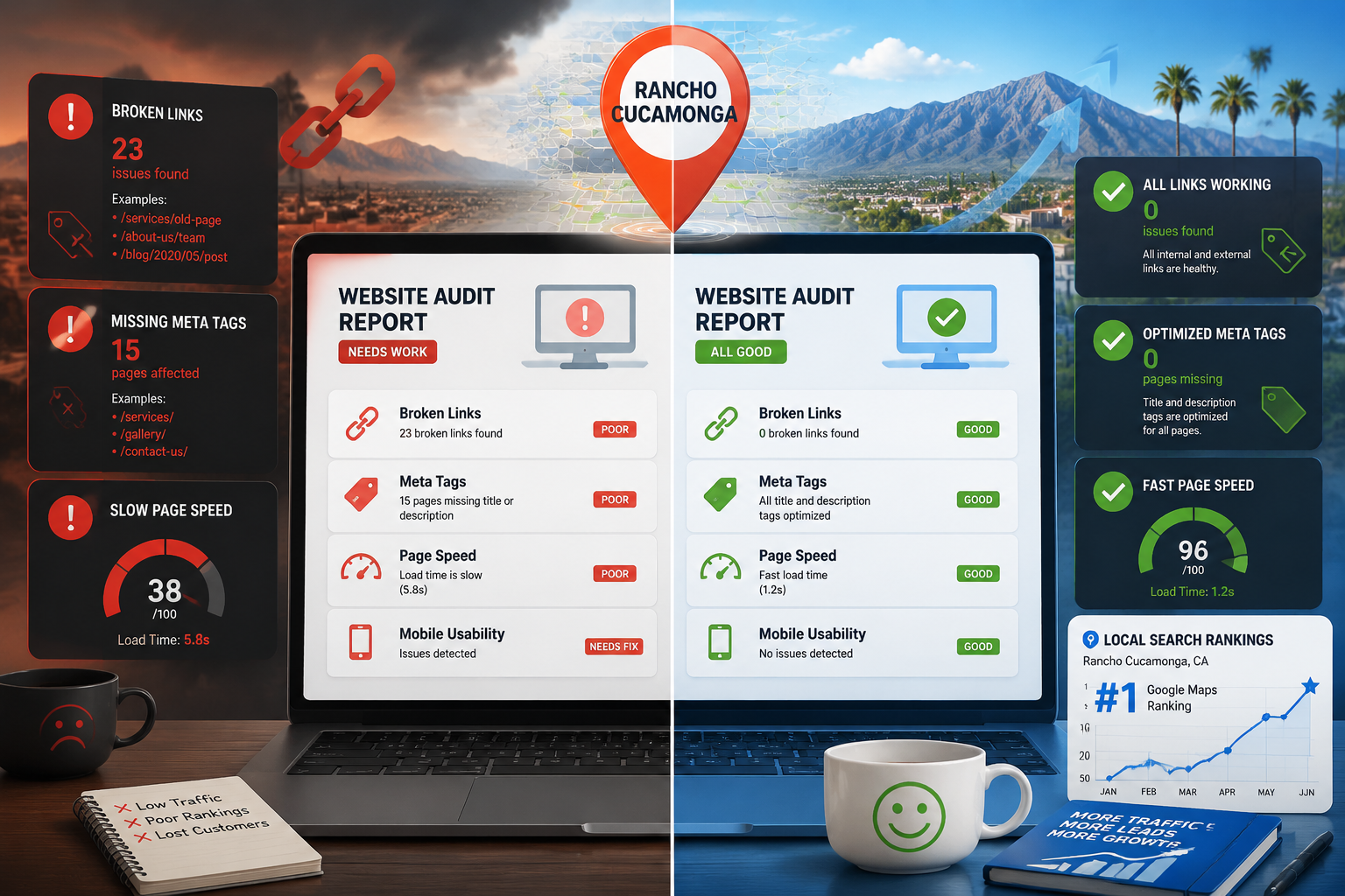 () editorial illustration showing a split-screen concept: left side displays a cluttered, red-flagged website audit report