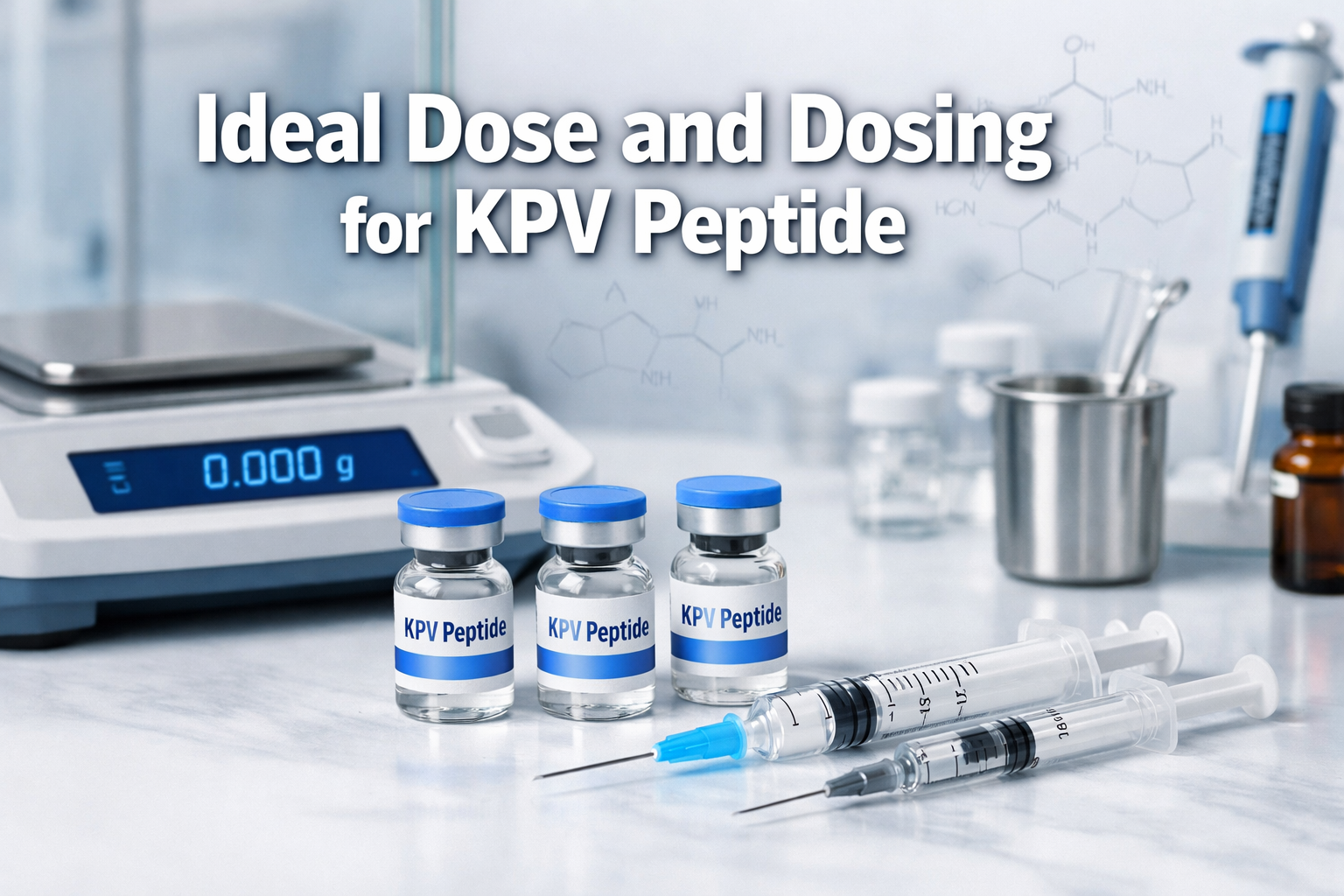 Professional landscape hero image (1536x1024) featuring bold text overlay 'Ideal Dose and Dosing for KPV Peptide' in extra large 72pt white 