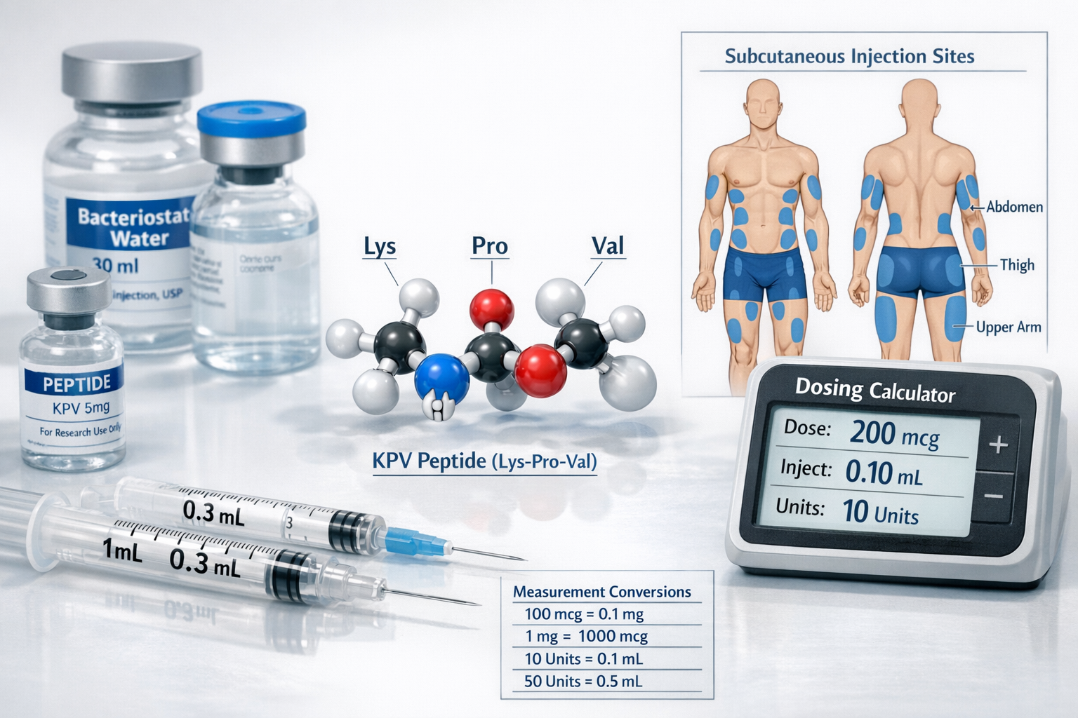 Detailed scientific illustration showing KPV peptide molecular structure with labeled amino acid sequence (Lys-Pro-Val) in 3D rendering, sur
