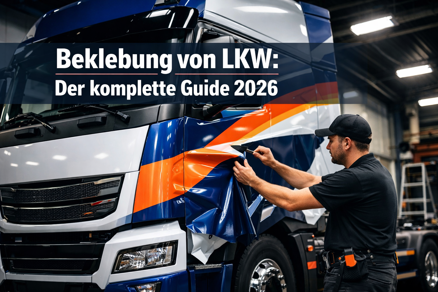 Professional landscape format (1536x1024) hero image featuring bold text overlay 'Beklebung von LKW: Der komplette Guide 2026' in extra larg