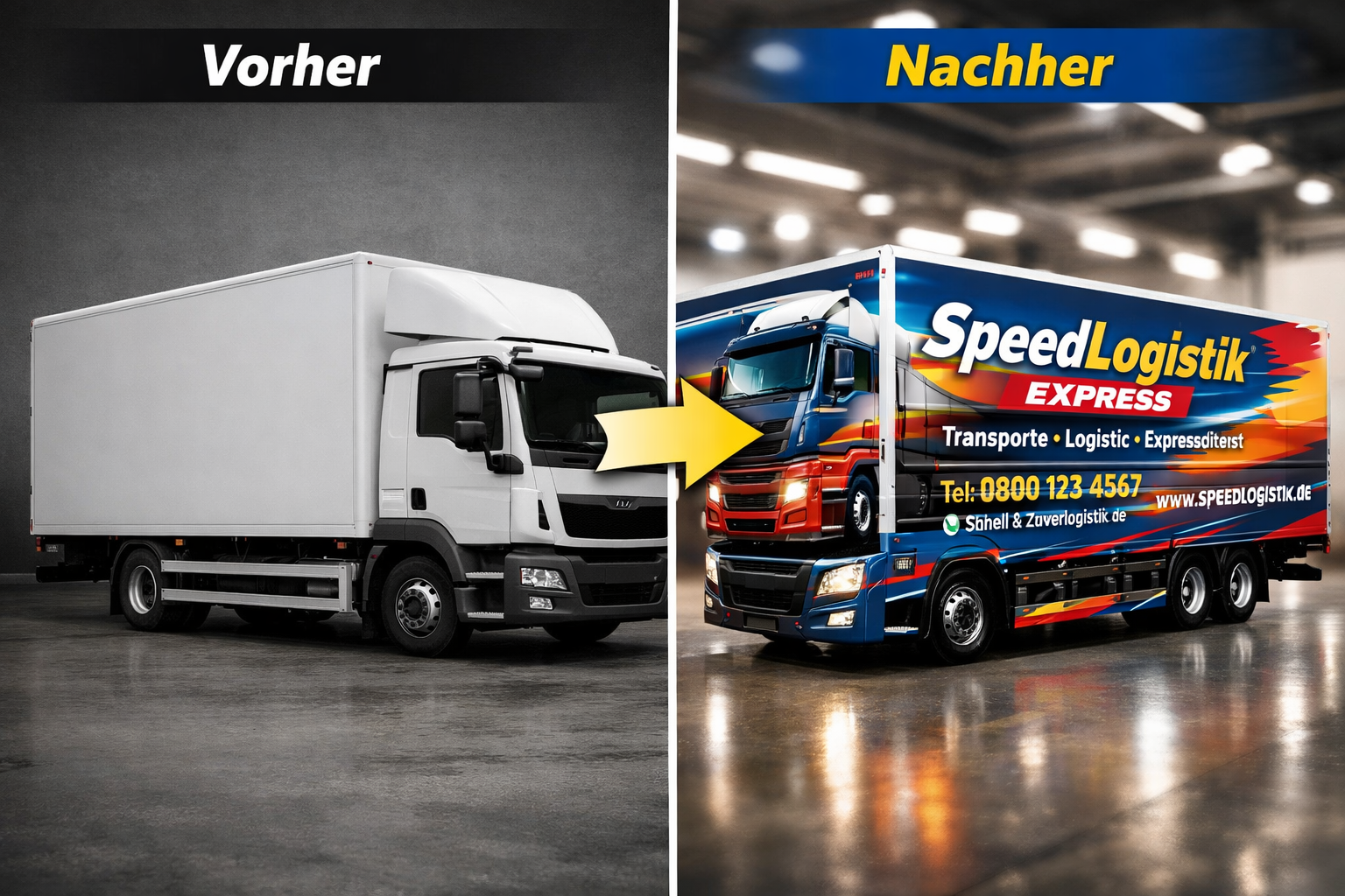 Landscape format (1536x1024) before-and-after comparison of commercial truck transformation through beklebung. Split-screen vertical divide