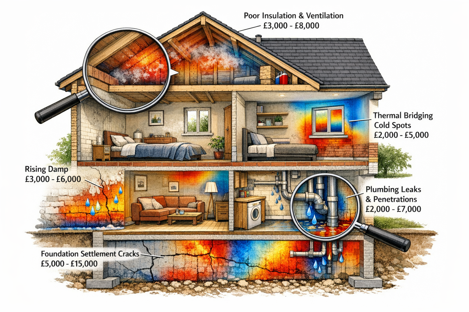 () cross-section cutaway illustration of new build property showing common latent defects in different areas: foundation