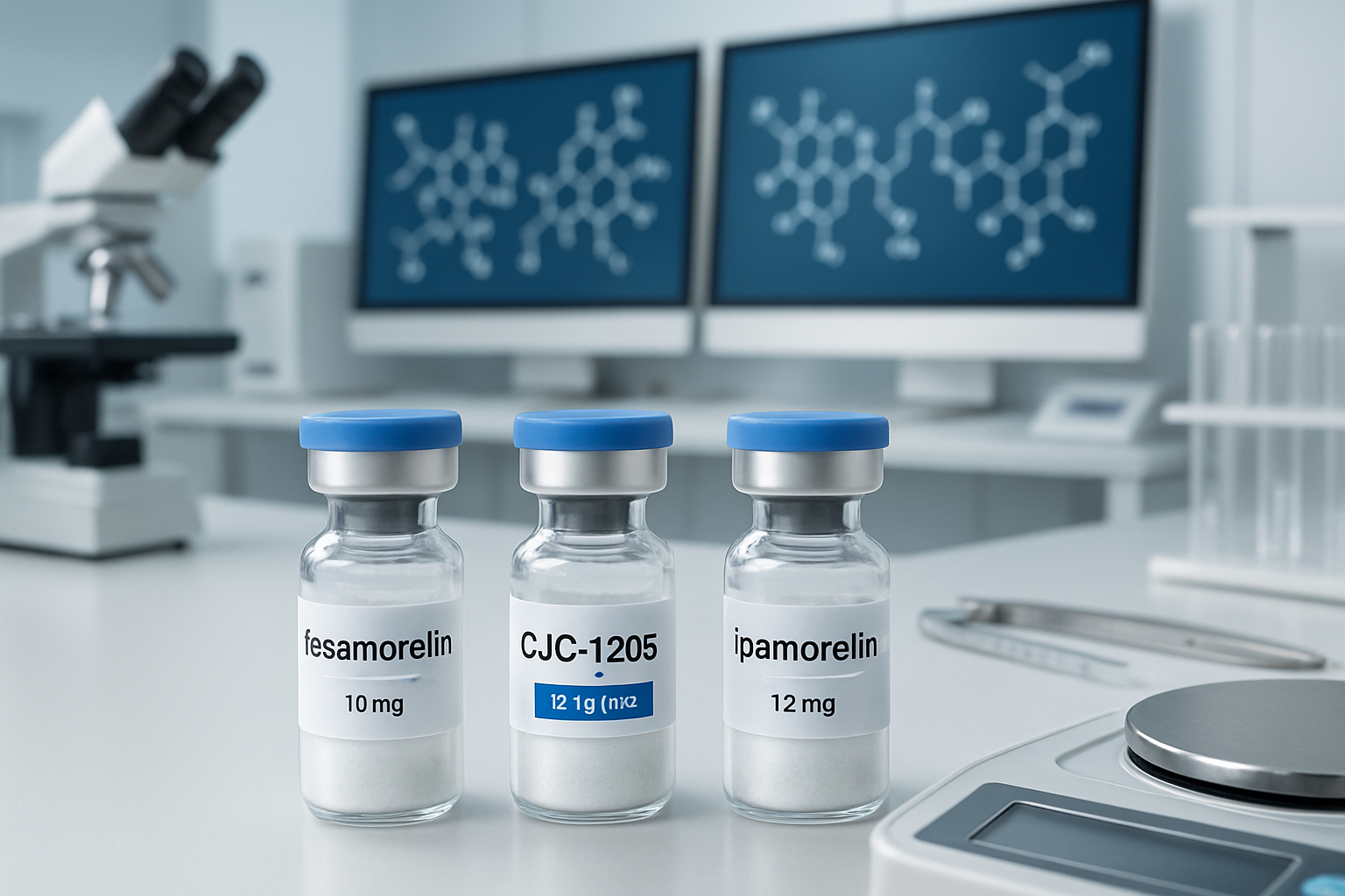 Modern laboratory setting showing three distinct peptide vials labeled tesa, CJC-1295, and ipamorelin arranged on a sterile white sur