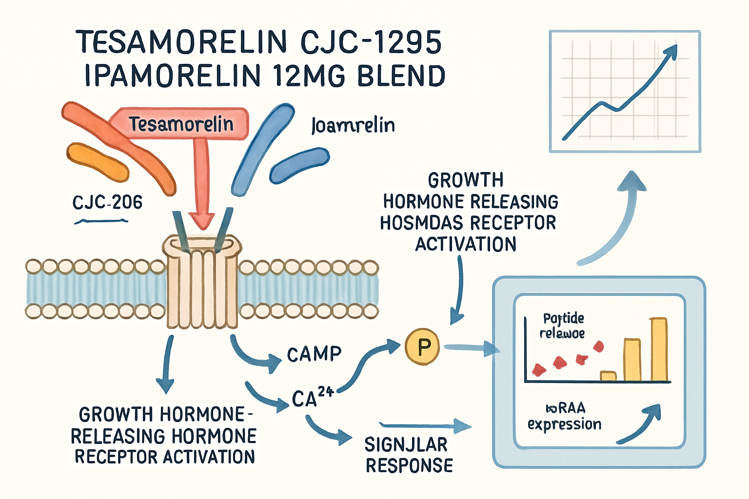 Scientific infographic displaying the mechanism of action for tesa CJC-1295 ipamorelin 12mg blend with detailed molecular pathways, g