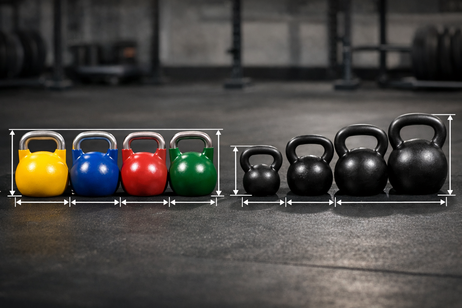 Competition Kettlebell vs Regular Landscape format (1536x1024) detailed comparison visualization showing multiple competition kettlebells of different weights (8kg, 16kg, 24k
