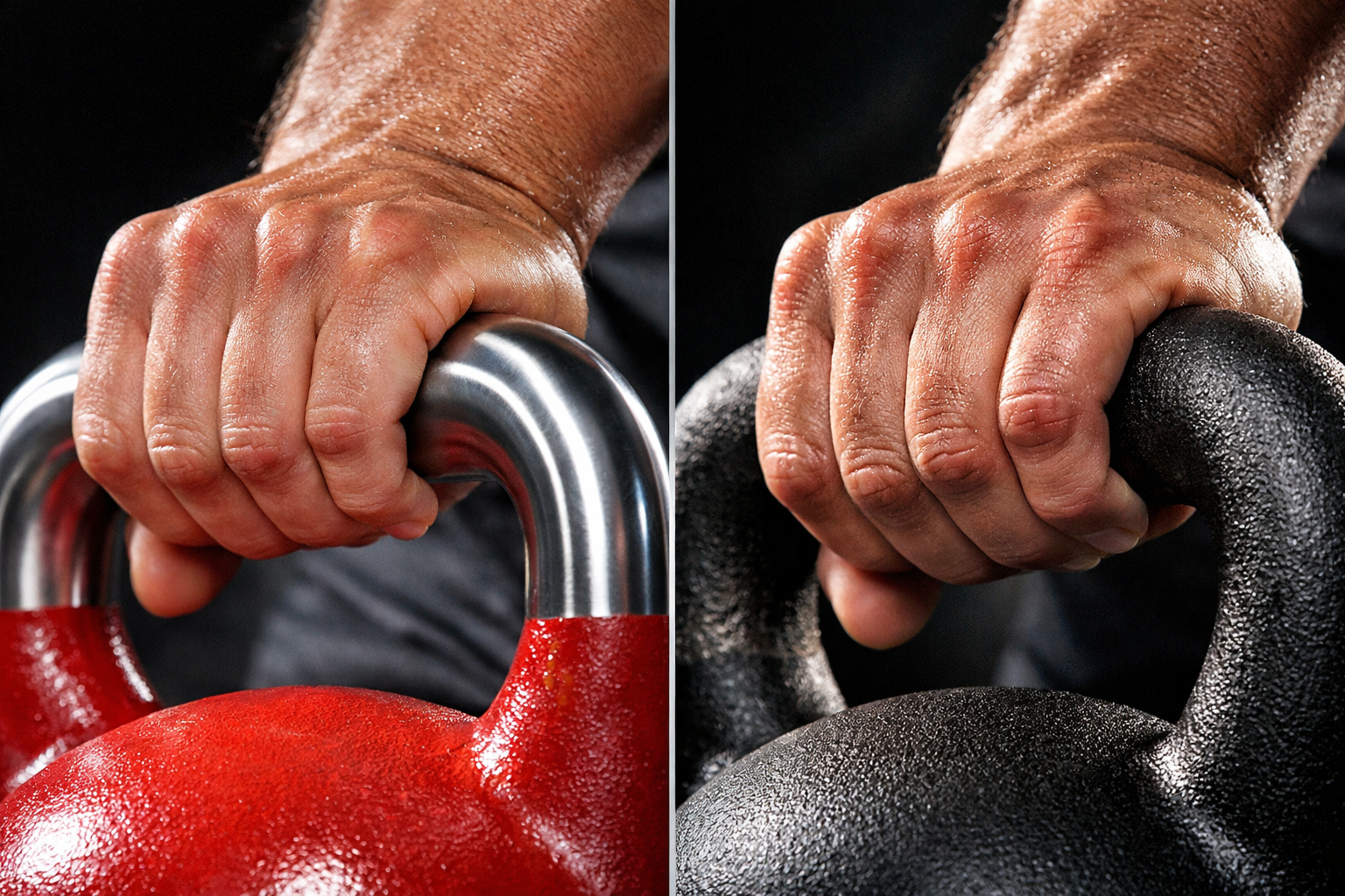 Competition Kettlebell vs Regular Landscape format (1536x1024) action shot of athlete's hands gripping kettlebell handles showing ergonomic differences, split composition wit
