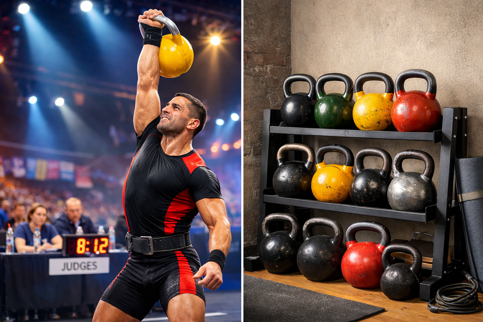Competition Kettlebell vs Regular Landscape format (1536x1024) dynamic training scene showing kettlebell sport athlete performing snatch with competition kettlebell in compet