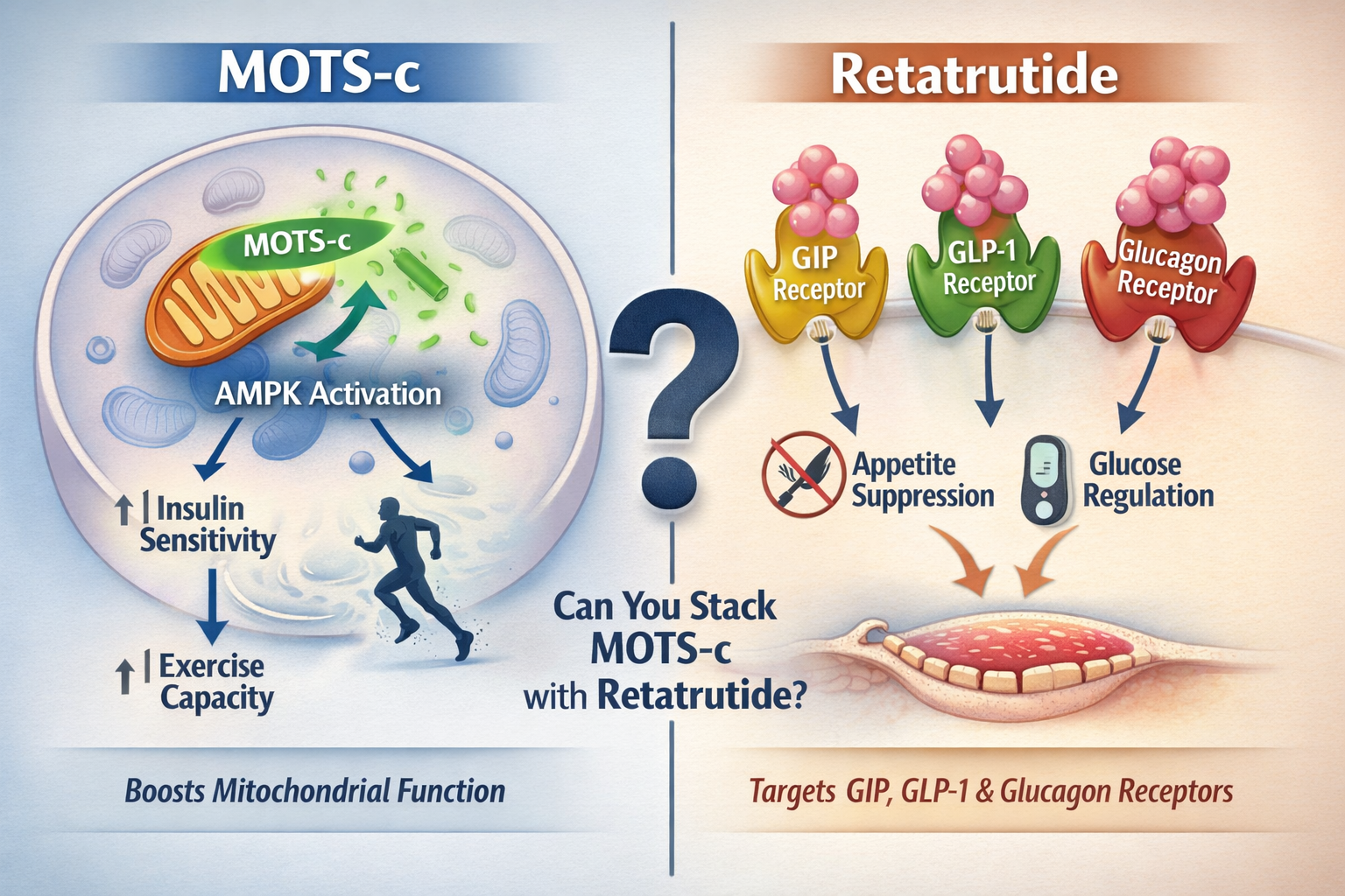 A detailed infographic illustrating the distinct mechanisms of action for MOTS-c and Retatrutide. On the left, a diagram of a cell with mito