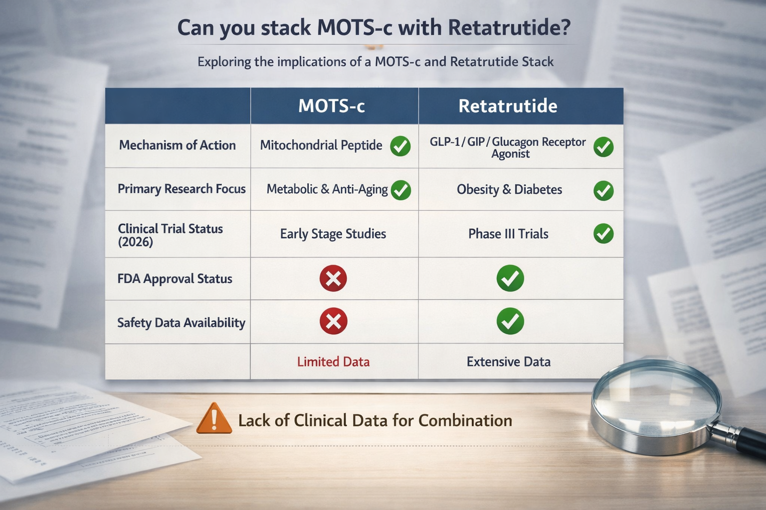 A professional, clean data visualization chart comparing the current research status and regulatory approval of MOTS-c versus Retatrutide. T