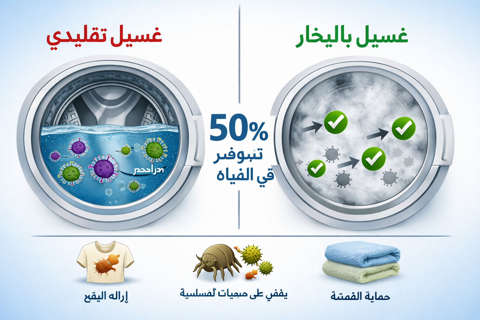 تأثير تقنيات الغسيل بالبخار في غسالات الأوتوماتيك الحديثة: صيانة وإصلاح مشاكل المولدات البخارية 1 Detailed () infographic-style image showing split-screen comparison: LEFT side shows traditional washing machine drum with