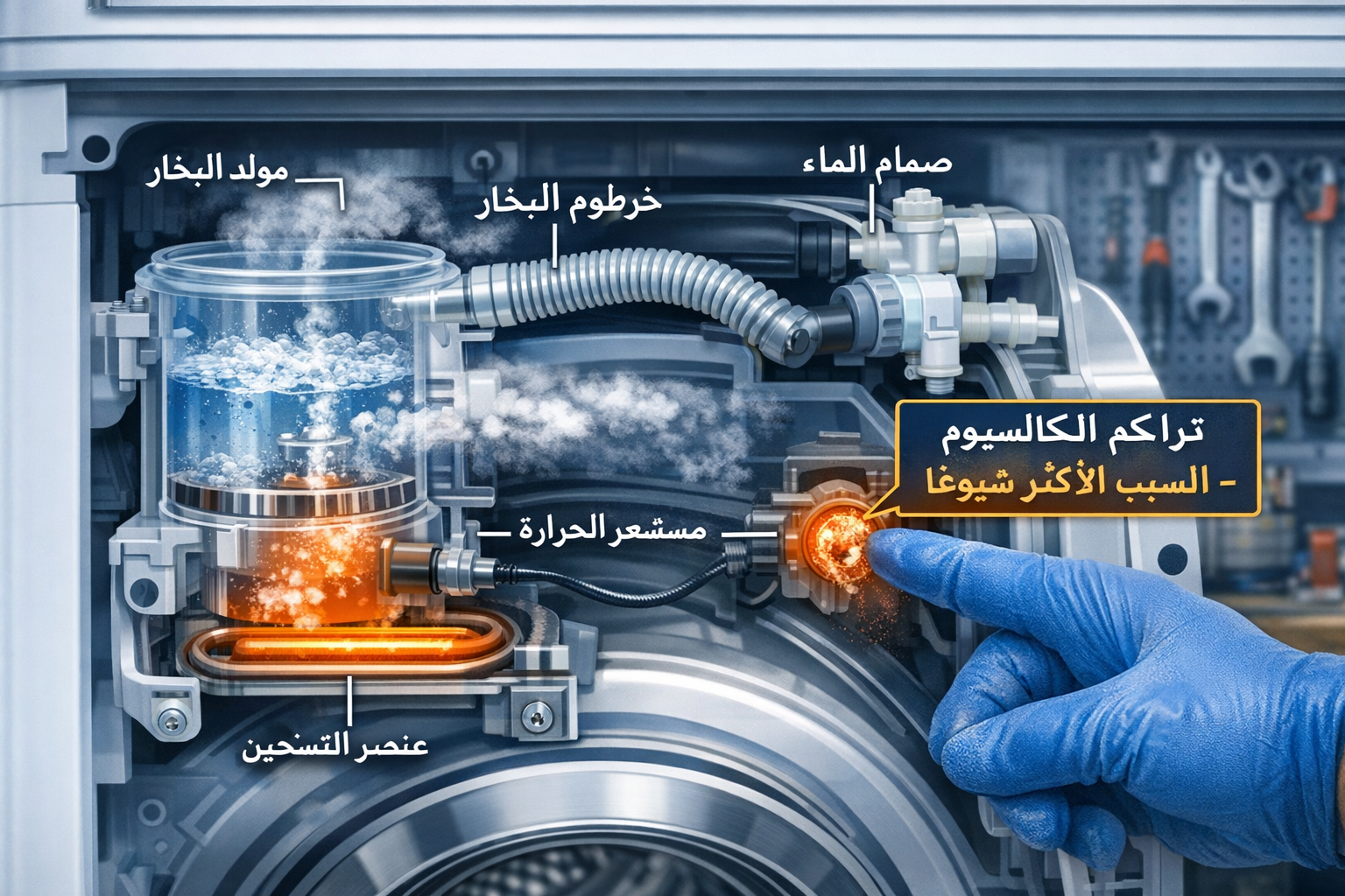 تأثير تقنيات الغسيل بالبخار في غسالات الأوتوماتيك الحديثة: صيانة وإصلاح مشاكل المولدات البخارية 2 Detailed () close-up technical illustration showing the internal anatomy of a steam generator unit inside a front-load