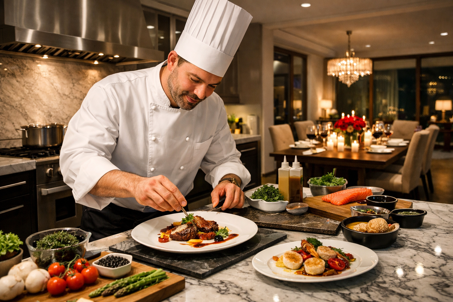 A lavish private chef preparing a gourmet meal in a professional, with fresh, high-quality ingredients artfully arranged on