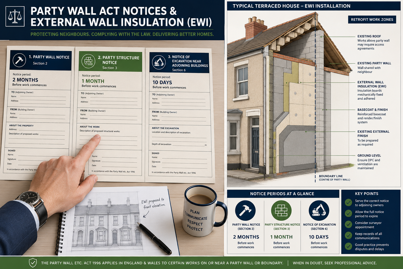 Detailed () infographic-style illustration showing three types of Party Wall Act notices displayed as formal legal documents
