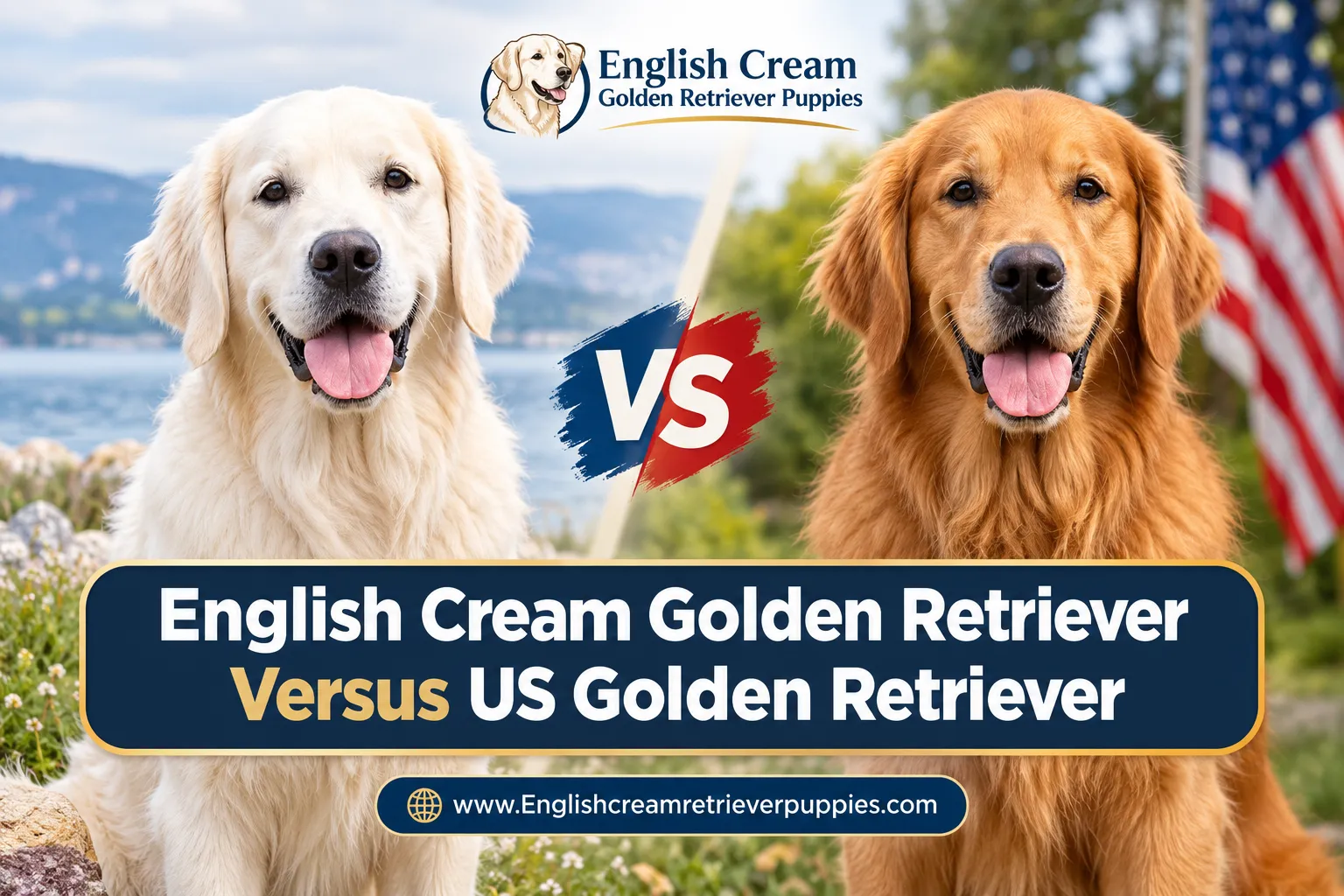 A reading "English Cream Golden Retriever Versus US". CRITICAL TYPOGRAPHY RULES: render the text on 1–2 lines, centered,