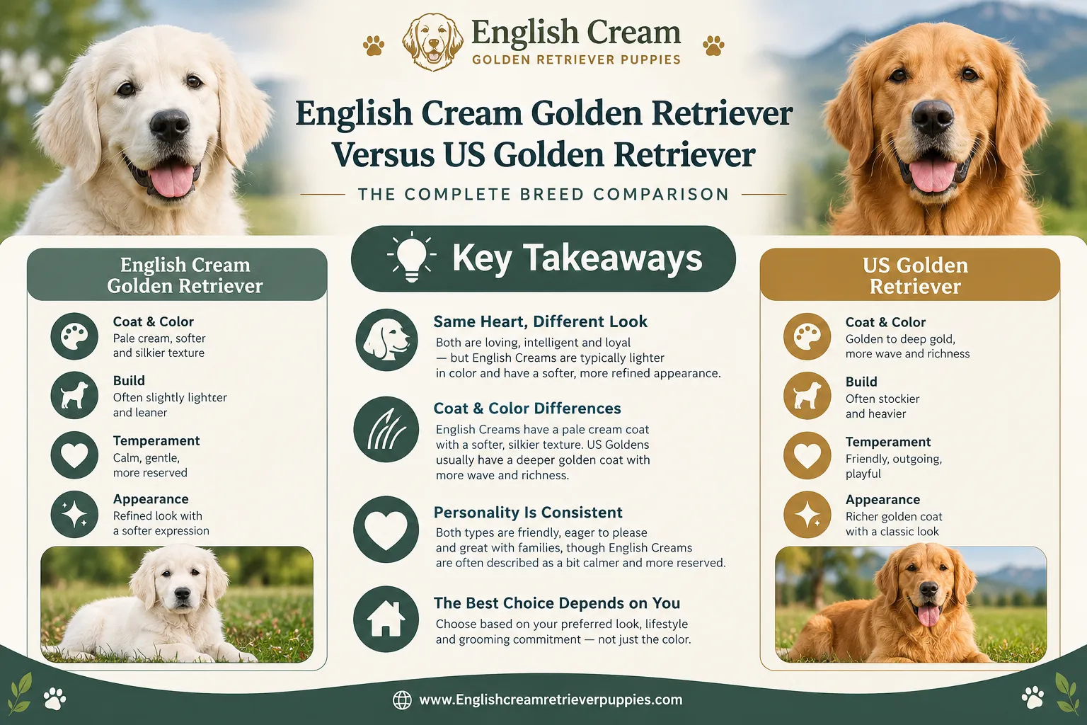English cream golden retriever versus US Golden retriever: size and build compared