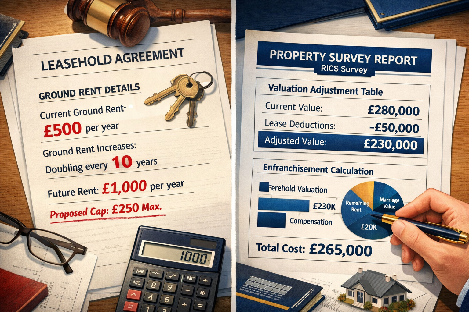 Detailed () editorial illustration showing a split-screen comparison: left side depicts a traditional leasehold document