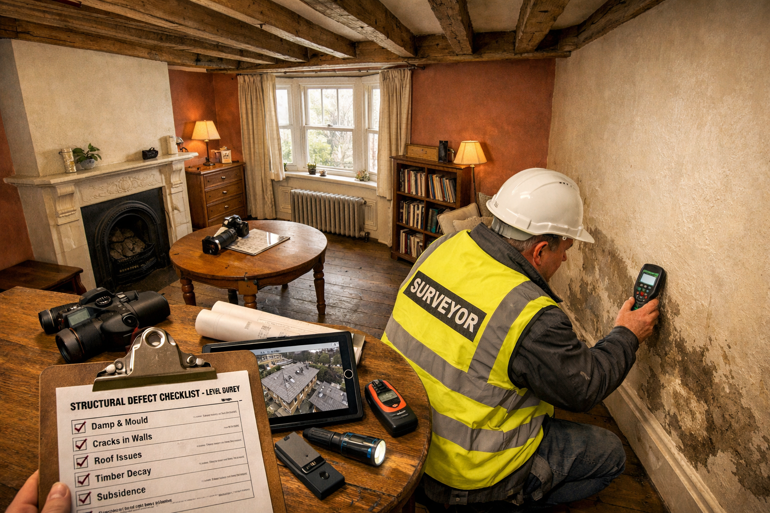 Detailed () showing a chartered surveyor conducting a Level 3 building survey inside a Victorian leasehold flat, using a