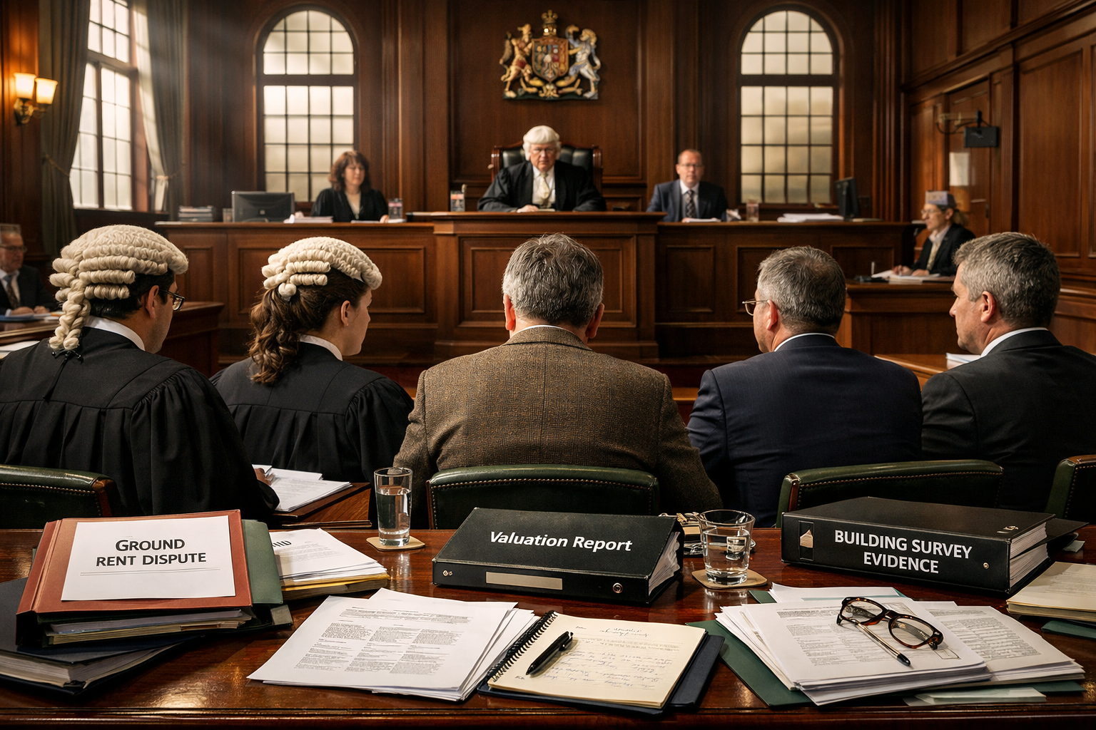 Detailed () depicting a formal First-tier Tribunal hearing scene viewed from behind the leaseholder's legal team, showing