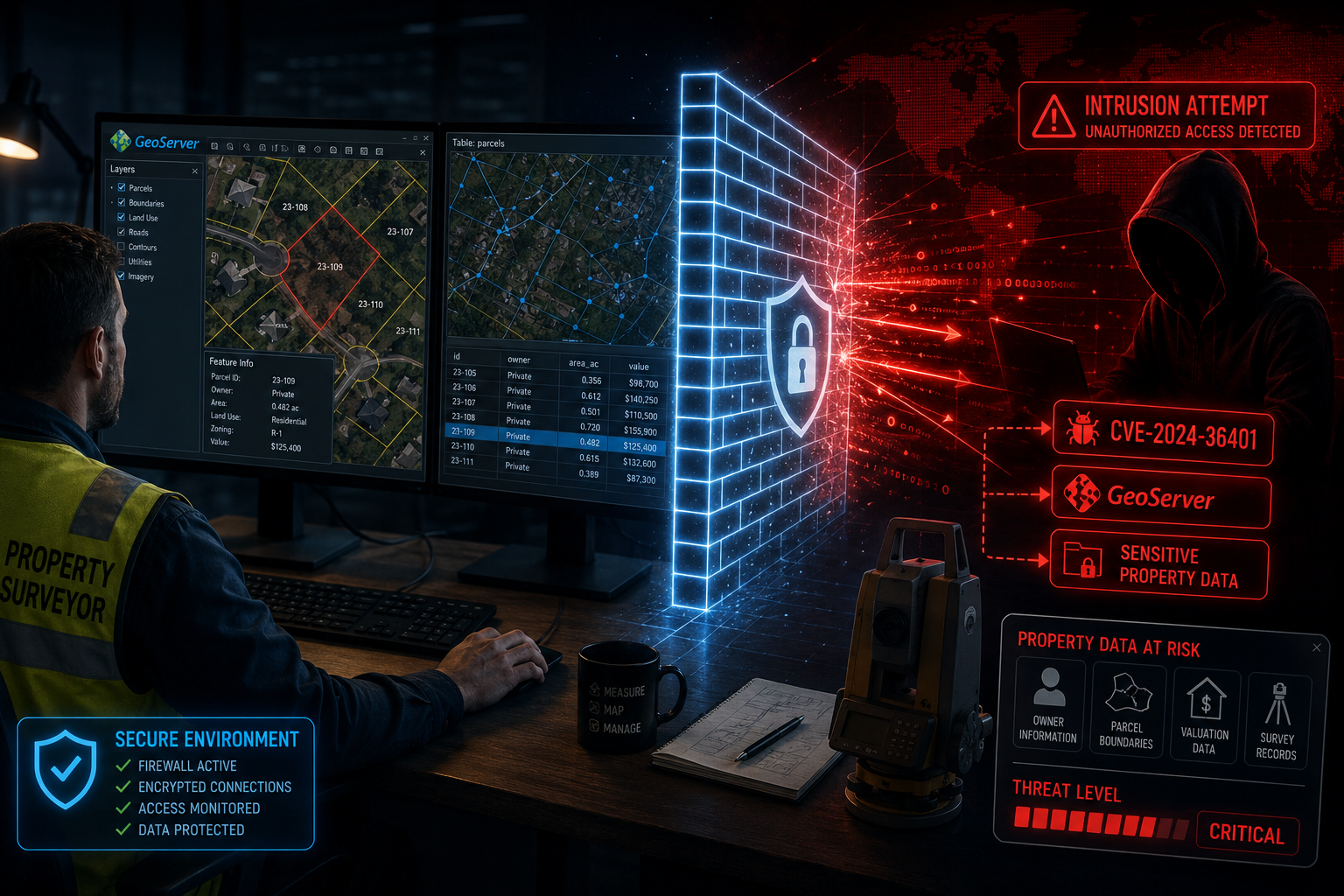 Wide () editorial illustration showing a property surveyor at a desk with dual monitors displaying GIS mapping software and