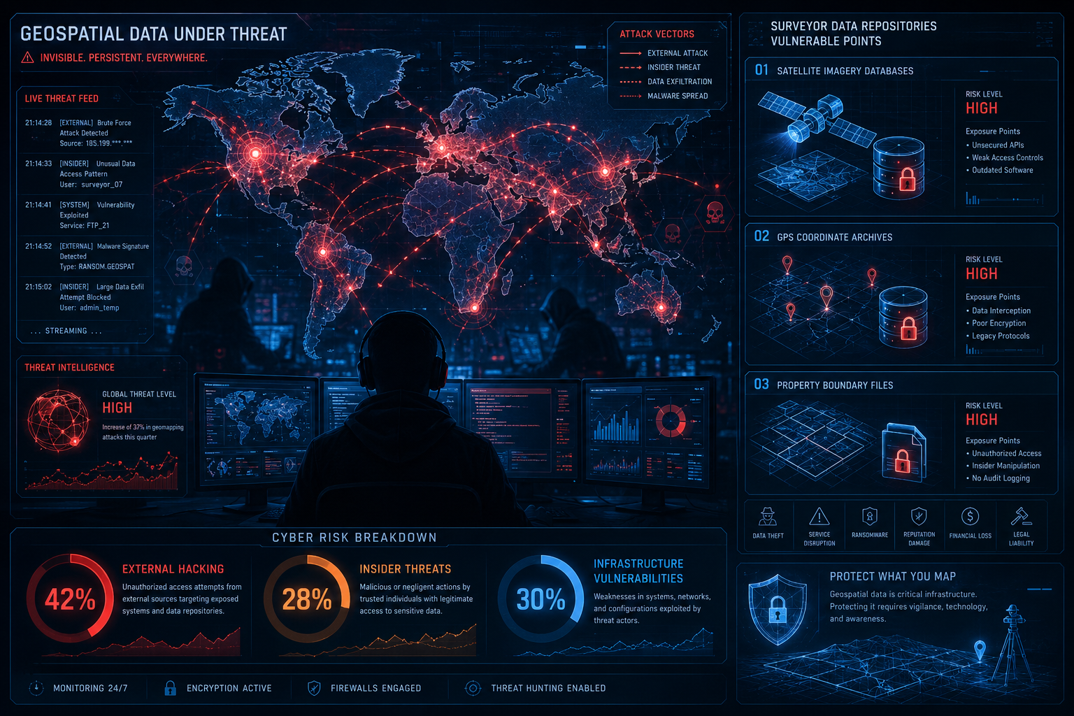 Cybersecurity threat landscape visualization for geospatial survey data, featuring a digital map of the world with glowing