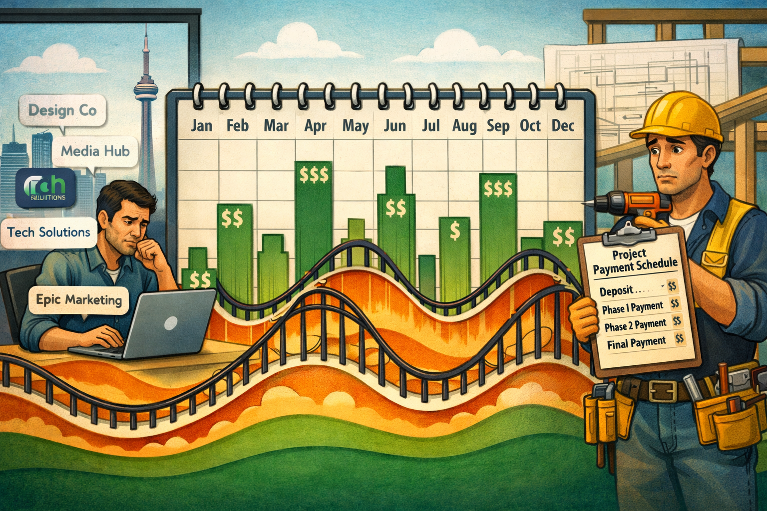 () conceptual illustration showing self-employed income volatility challenge: center features calendar showing irregular