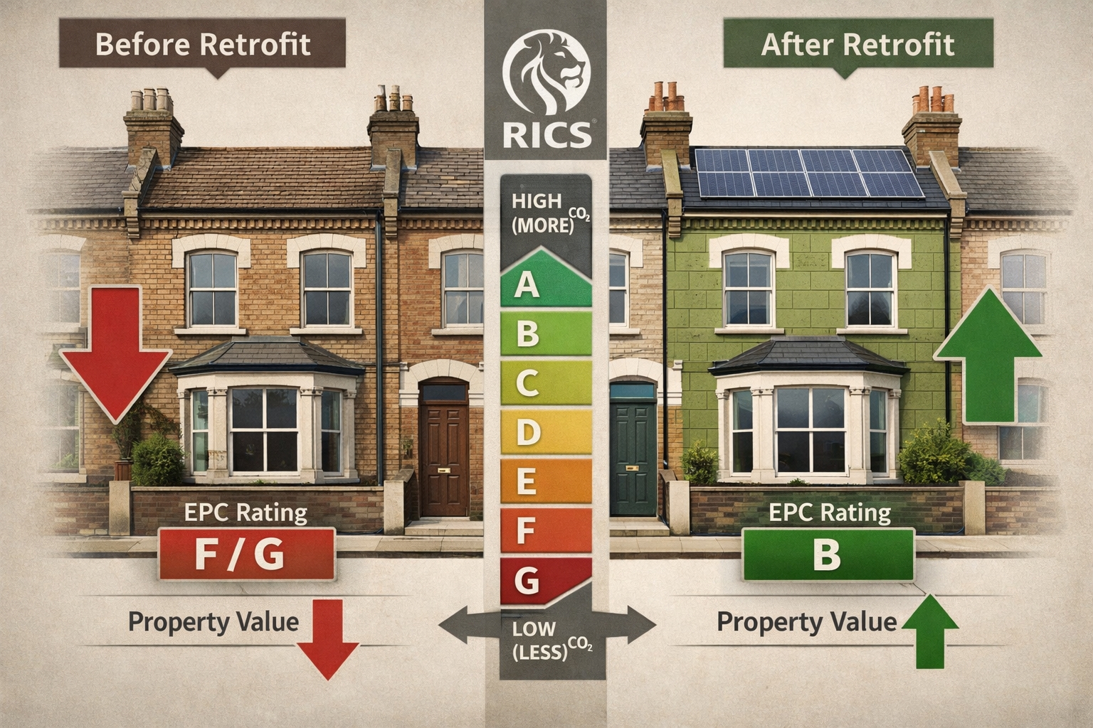 Detailed () infographic-style image showing a split-screen comparison: left side depicts a traditional Victorian UK terraced
