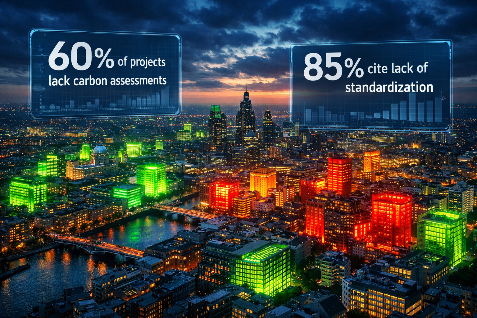 Detailed () aerial perspective of a UK city skyline with mixed building stock — some buildings highlighted in green glow