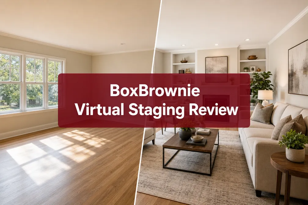 Professional () hero image with (≤42 chars): 'BoxBrownie Virtual Staging Review' in crisp white centered on a deep burgundy
