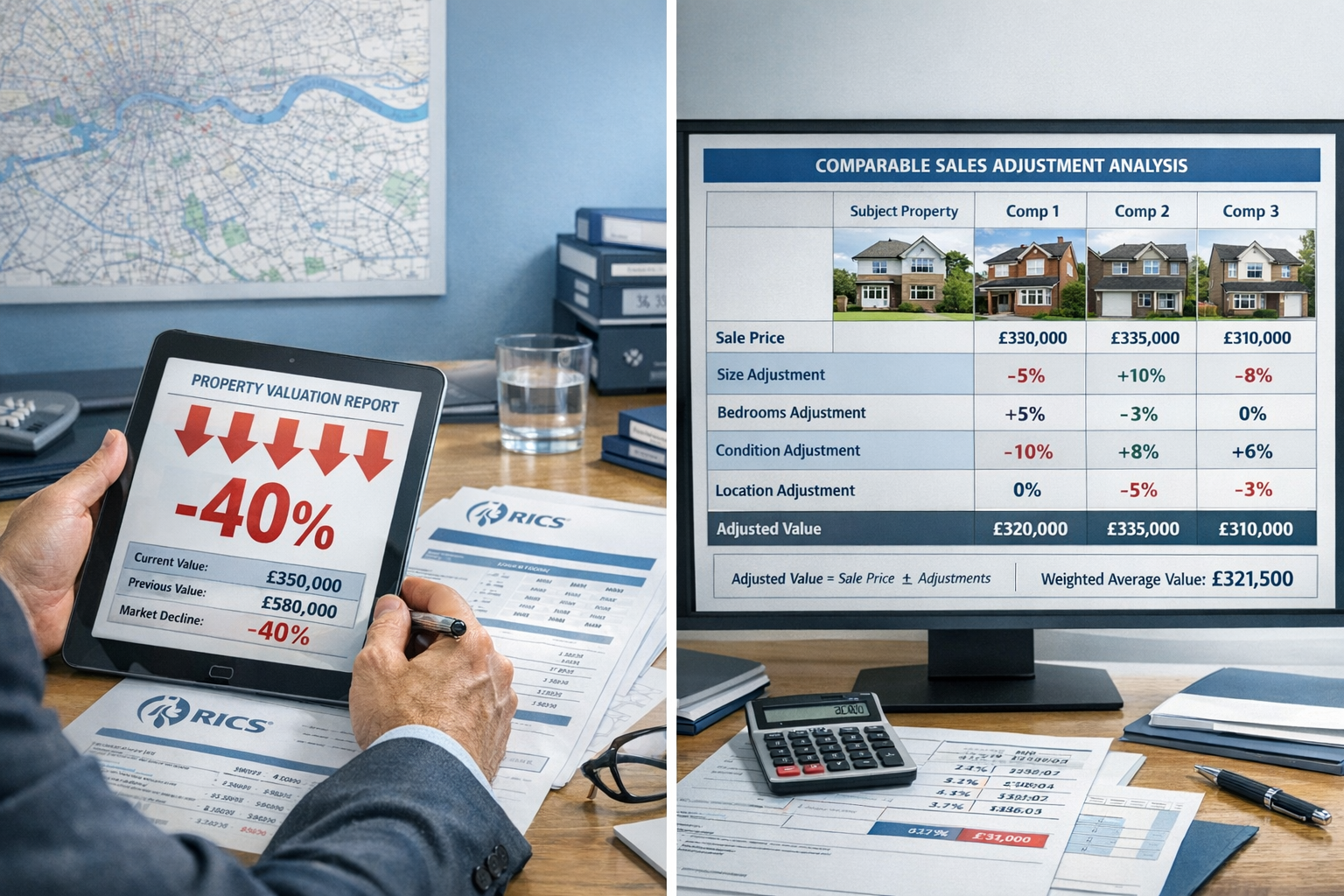 Detailed () image showing split-screen comparison of London property valuation documents and RICS methodology charts. Left