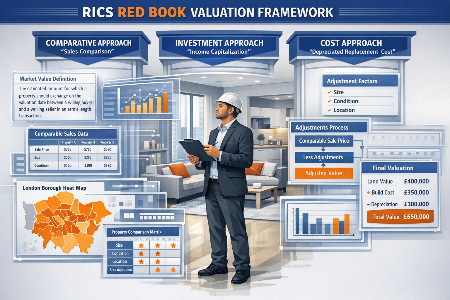 Detailed () infographic-style image illustrating RICS Red Book valuation framework with three distinct pillars or columns