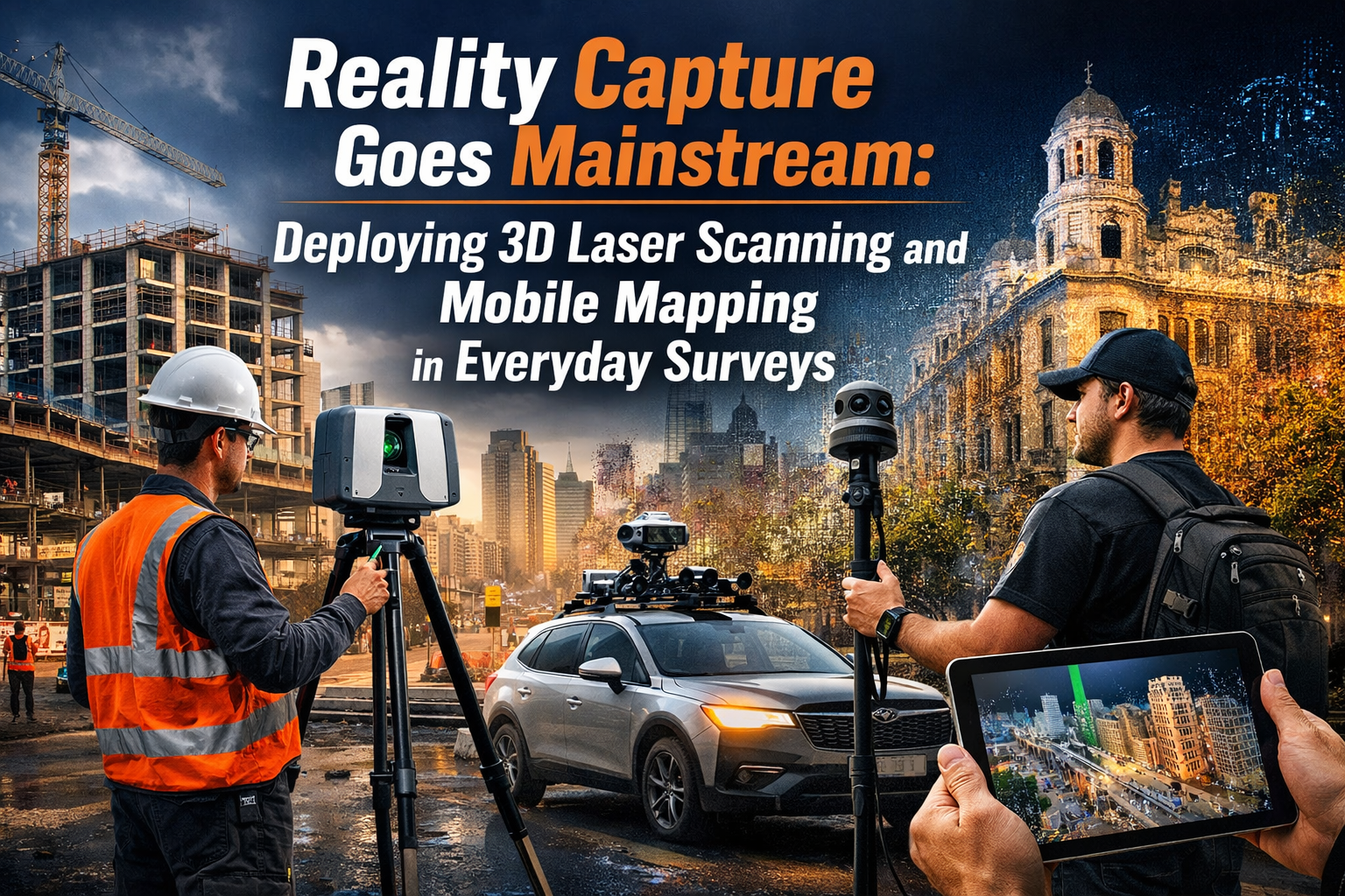 Professional landscape hero image (1536x1024) with bold text overlay: "Reality Capture Goes Mainstream: Deploying 3D Laser Scanning and Mobi