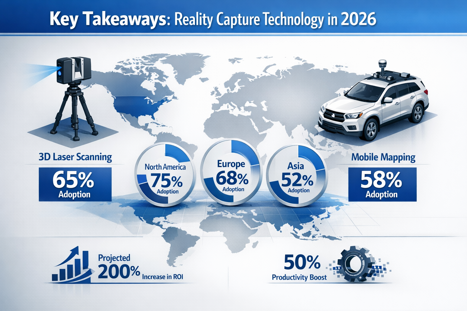 Infographic visualization for 'Key Takeaways' section highlighting Reality Capture technology adoption metrics in 2026, featuring isometric 
