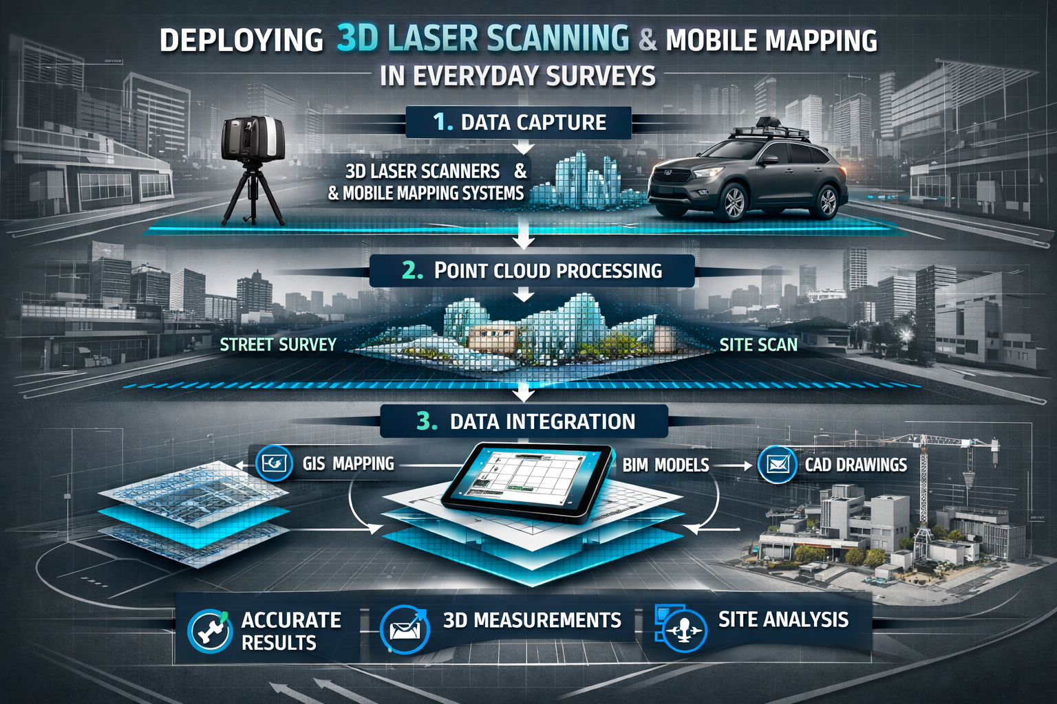 Dynamic technical infographic for 'Deploying 3D Laser Scanning and Mobile Mapping in Everyday Surveys' section, showcasing workflow integrat