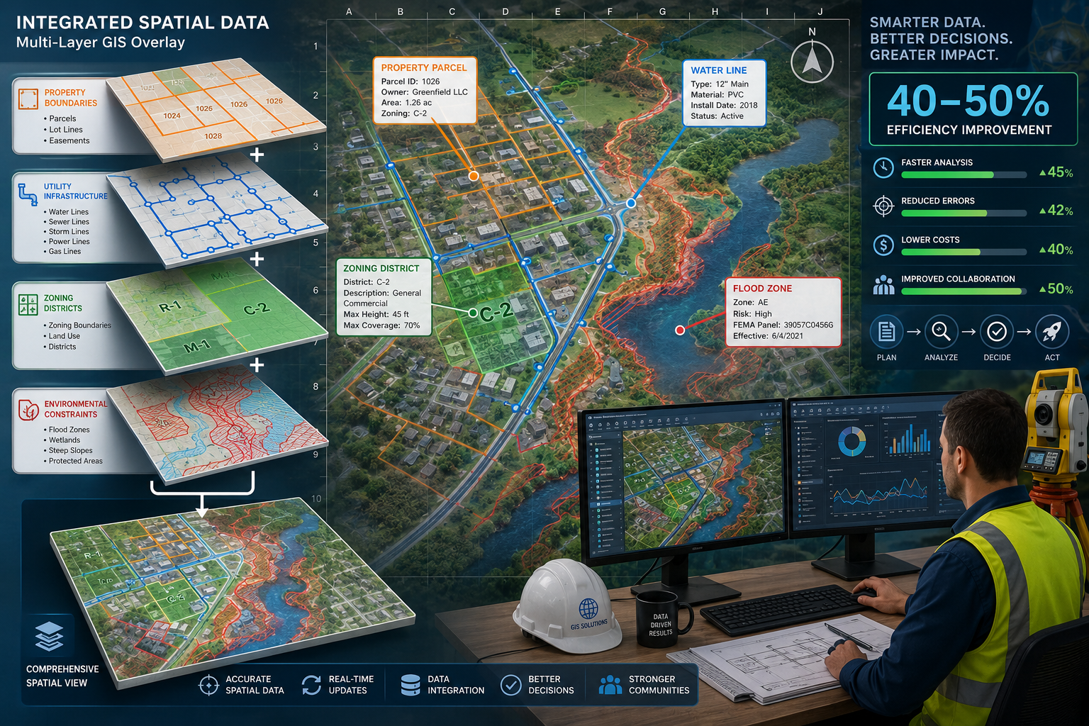 () detailed infographic-style illustration showing multiple GIS data layers being stacked and overlaid on a surveying map: