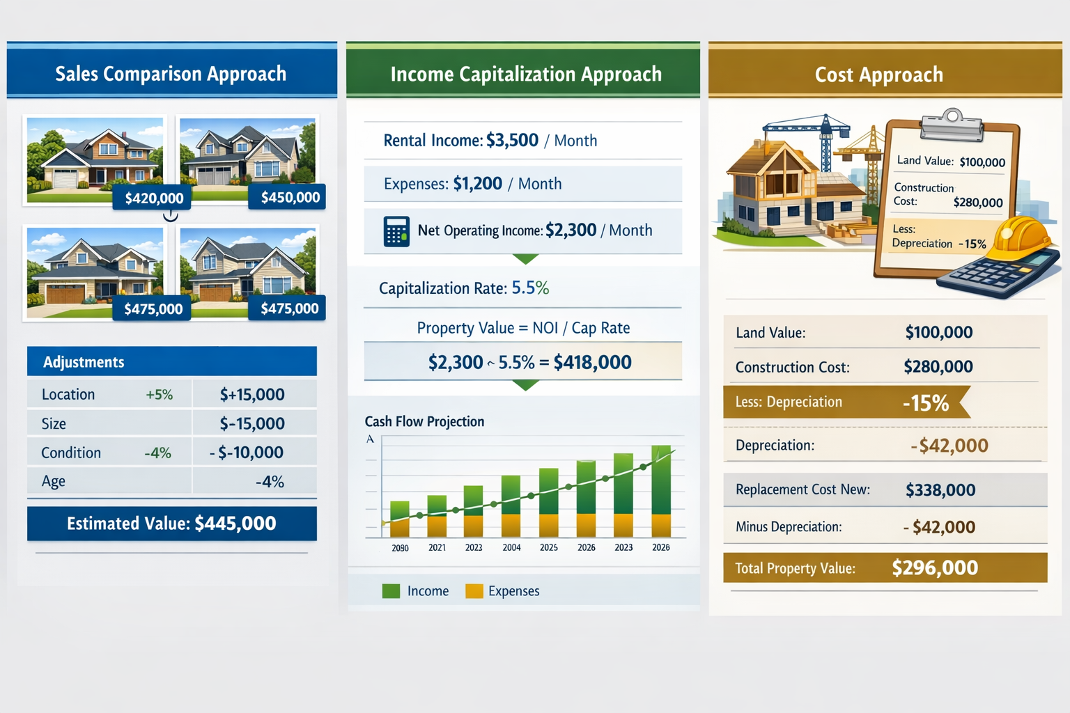 Wide () detailed infographic illustration showing three distinct valuation methodologies side by side: left panel displays