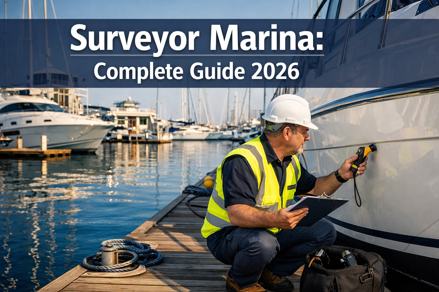 Professional landscape hero image (1536x1024) featuring bold text overlay 'Surveyor Marina: Complete Guide 2026' in extra large 72pt white s